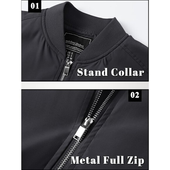 Men's Black Bomber Jacket with Zip-Up Front and Utility Sleeve Pocket - Picture 5 of 7